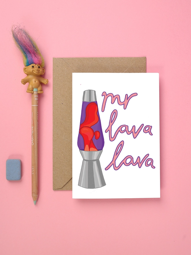 Colourful retro greeting card featuring a lava lamp