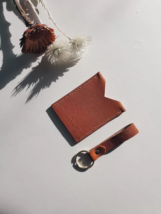 Personalised leather keyring and cardholder in tan leather