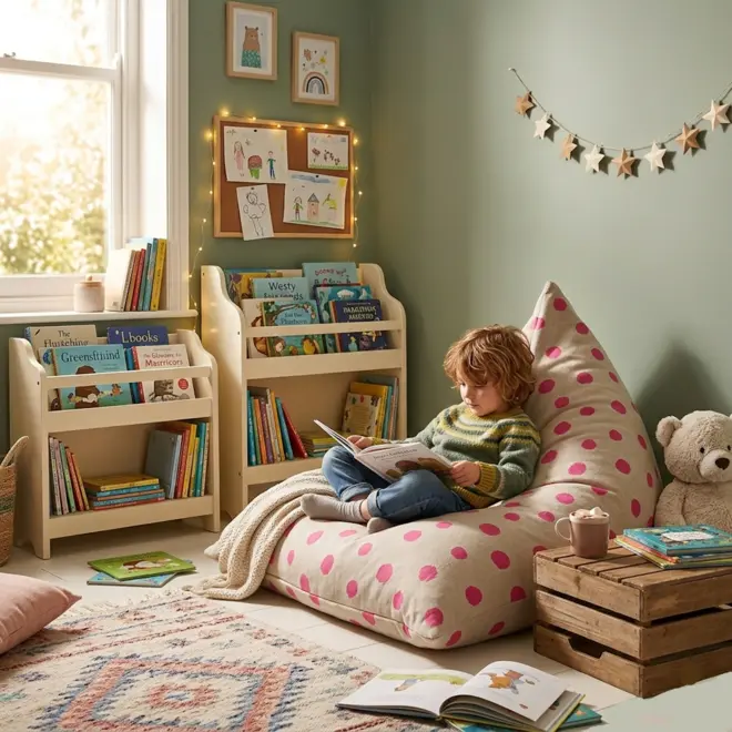 small child comfortably sitting on soft linen bean bag chair with colourful polka dot print reading a book in a corner of cosy bedroom