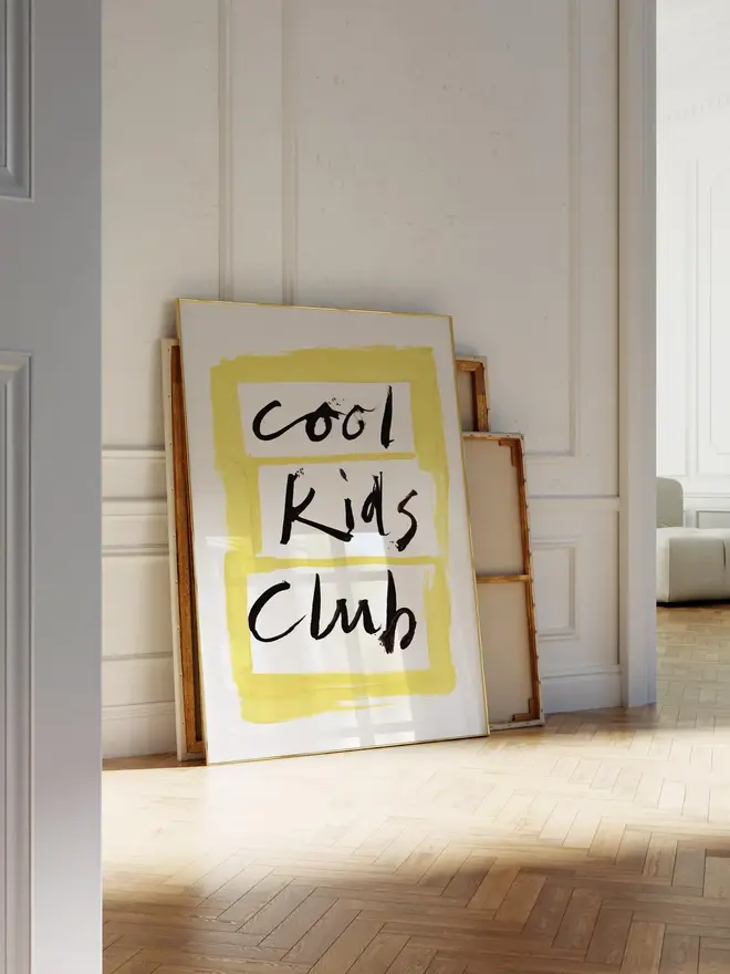 'cool kids club' art print. a print with a white and yellow background with a slogan in black lettering.