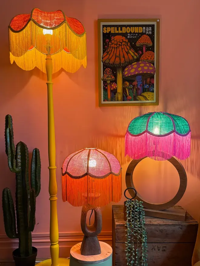 Tangerine Hessian Petal Lampshade With Butterscotch, in a room. 