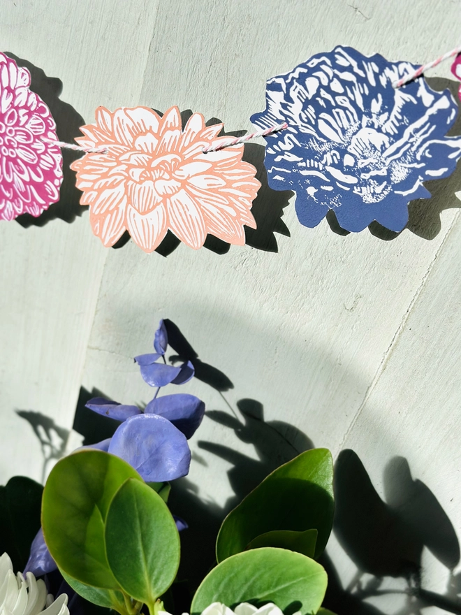 'Power Flower' Garland Hand Printed Linocut Spring Decor