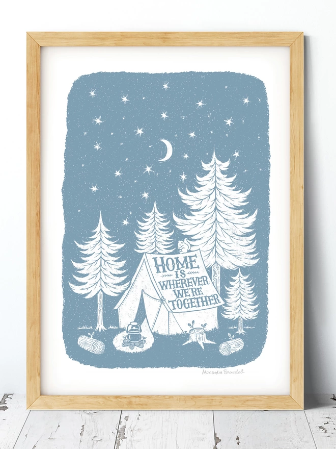 grey and white home together woodland camping print with tent squirrel and fir trees