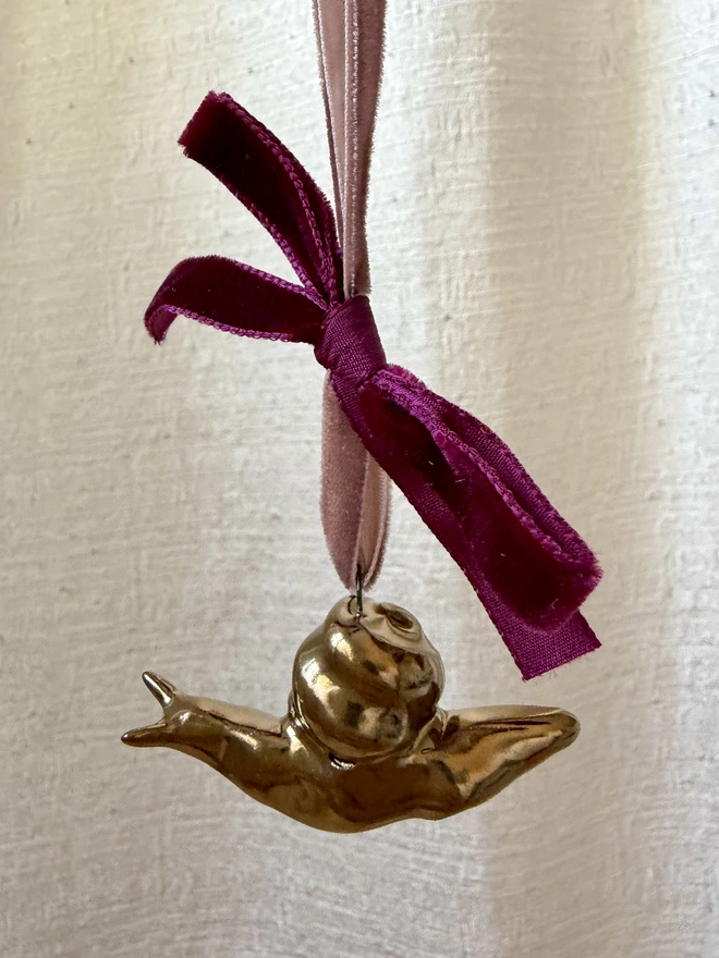 Gold ceramic snail Christmas tree ornament with velvet ribbon 