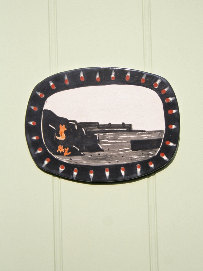 ceramic wall art decorative seaside silhouette of foxy rocks, Captain Netty and Whale  