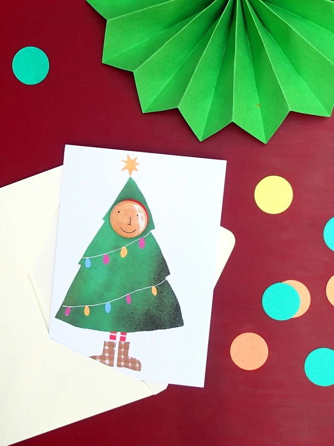 Christmas tree greeting card with face pin badge