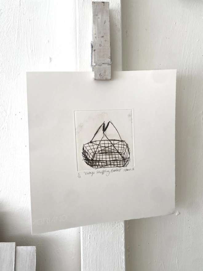 'Vintage Shopping Basket' Drypoint Print by Samantha Barnes