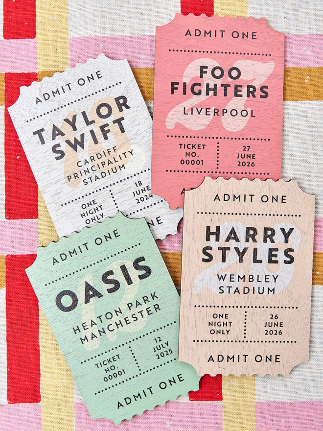 Personalised concert wooden gig ticket
