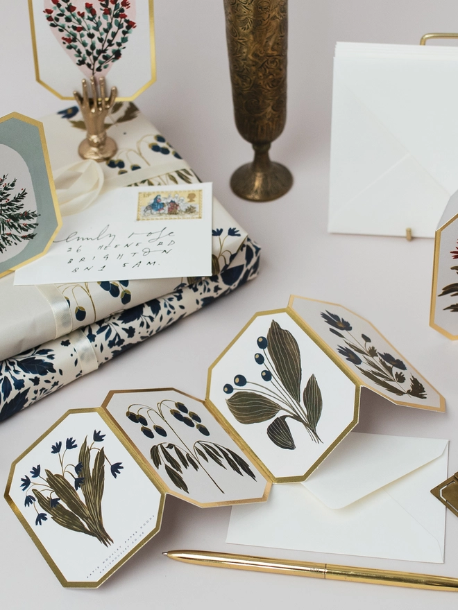 Blue Botanical Mini Concertina Greeting Card