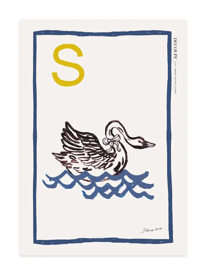 signed a-z alphabet prints. swan print with the letter 's' in the corner.