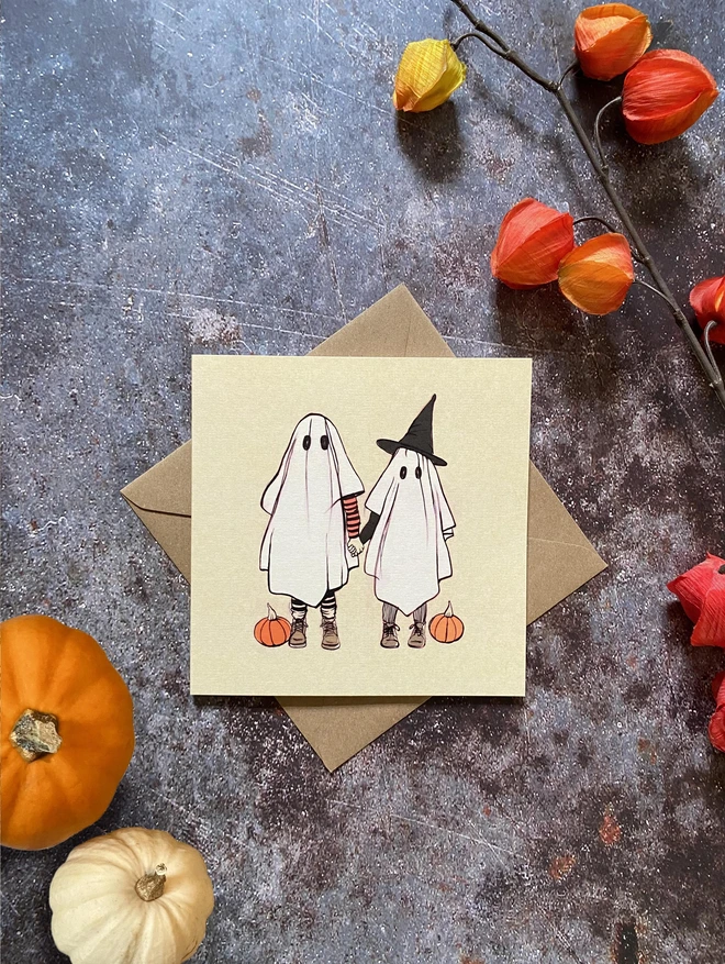 ghost greeting card laid on Kraft envelope