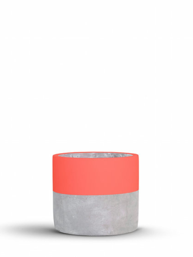 lucky dip concrete plant pot. a grey concrete plant pot with a coral pink stripe around the top half.
