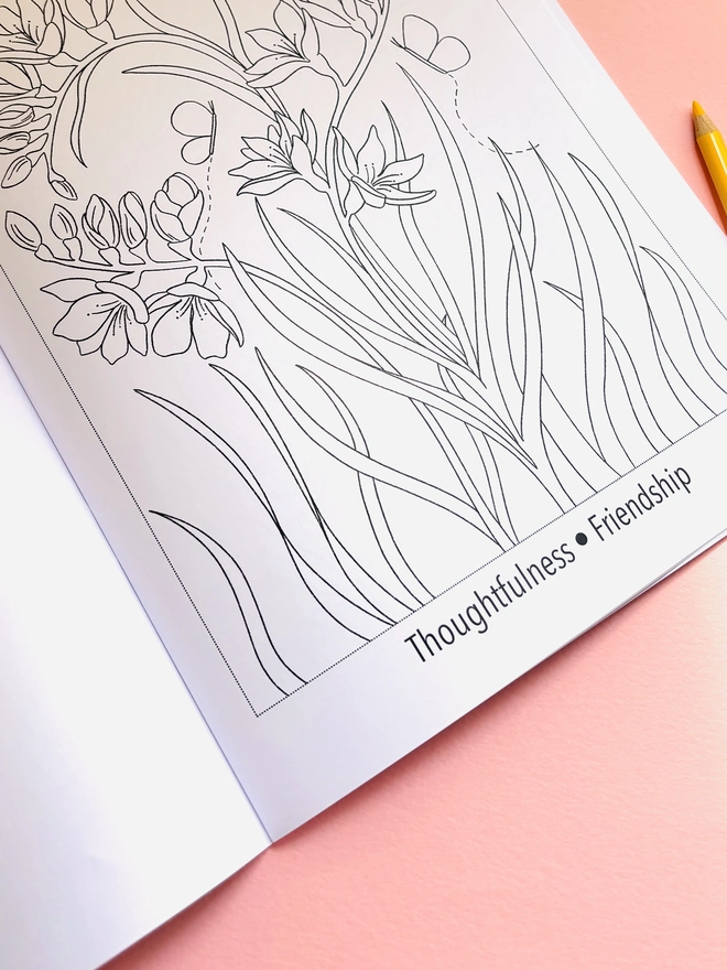 Close up of botanical colouring book page that shows a group of freesia surrounded by butterflies