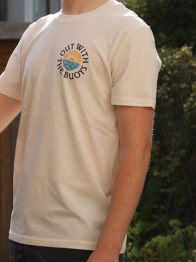 Male wearing a white t-shirt 