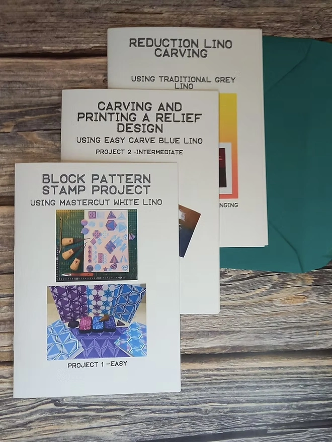 Lino Printing Starter Kit, three instruction booklets showing projects