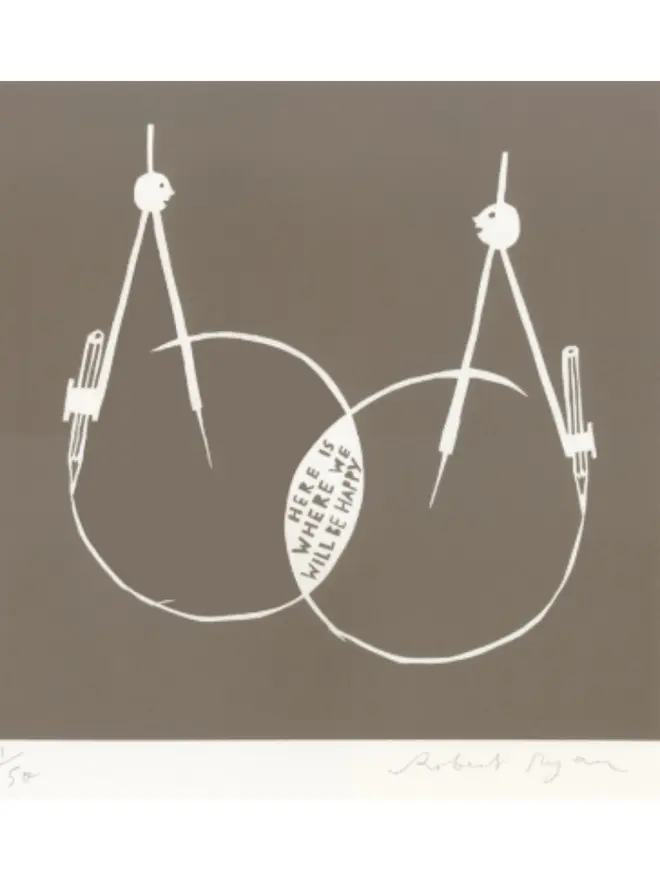 Screenprint of two compasses overlapping with the words ''This Is Where We Will Be Happy' in between them