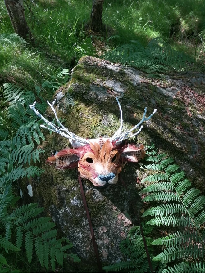A brown luxury deer party mask laying flat on a moss and fern covered rock