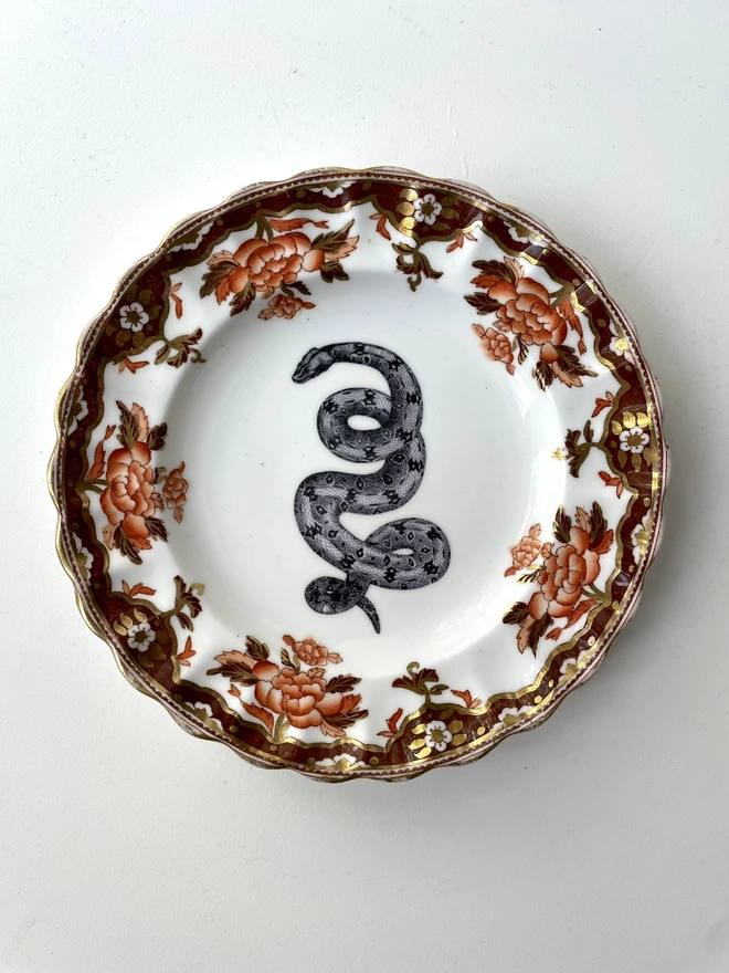 vintage plate with an ornate border, with a printed vintage illustration of a snake in the middle 