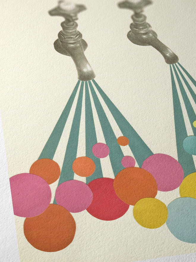 A fun colourful print, featuring vintage taps with colourful bubbles.