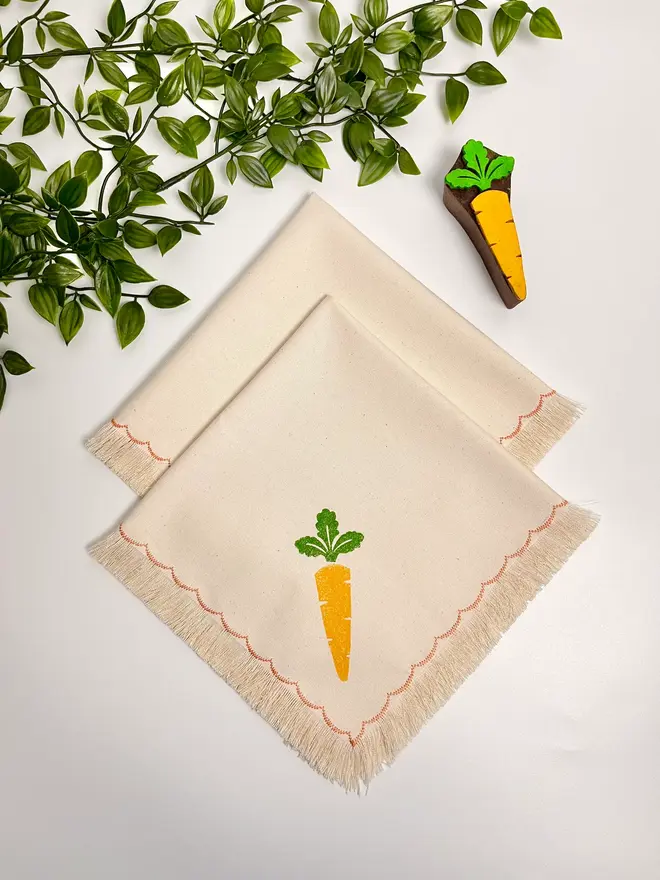 Block Printed Fringe Napkins Carrot (Set Of 2)