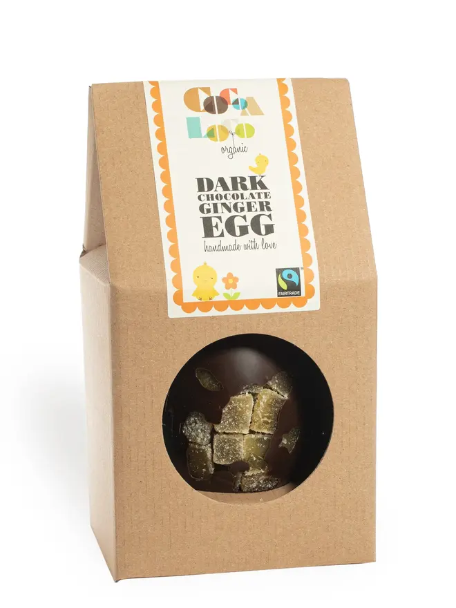Dark chocolate ginger egg in a brown box
