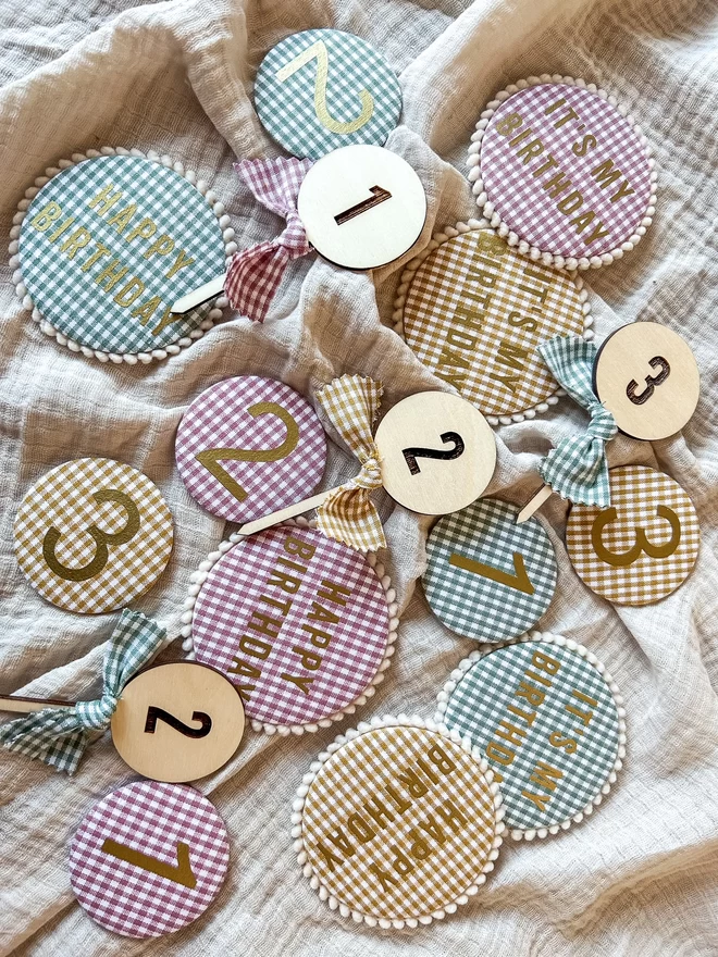Gingham Birthday Badges and Cake Toppers