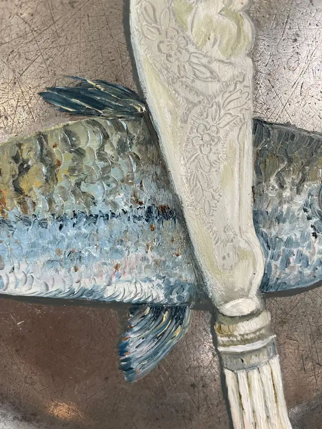 Zoom-in on Oil Painted Fish Knife & Mackerel On Antique Pewter Plate.