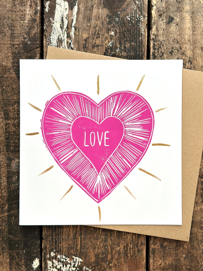 Love Heart Valentines Card Hand Printed Linocut With Gold 