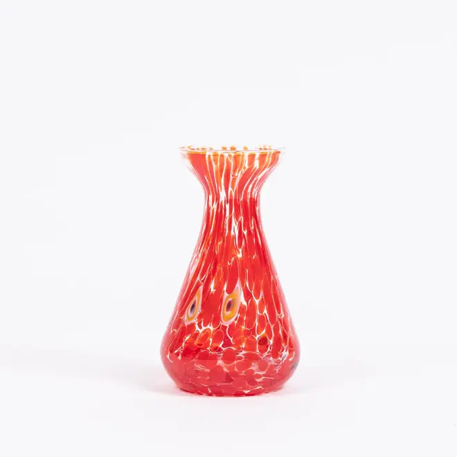 piccolo, curve shaped blown glass vase in red