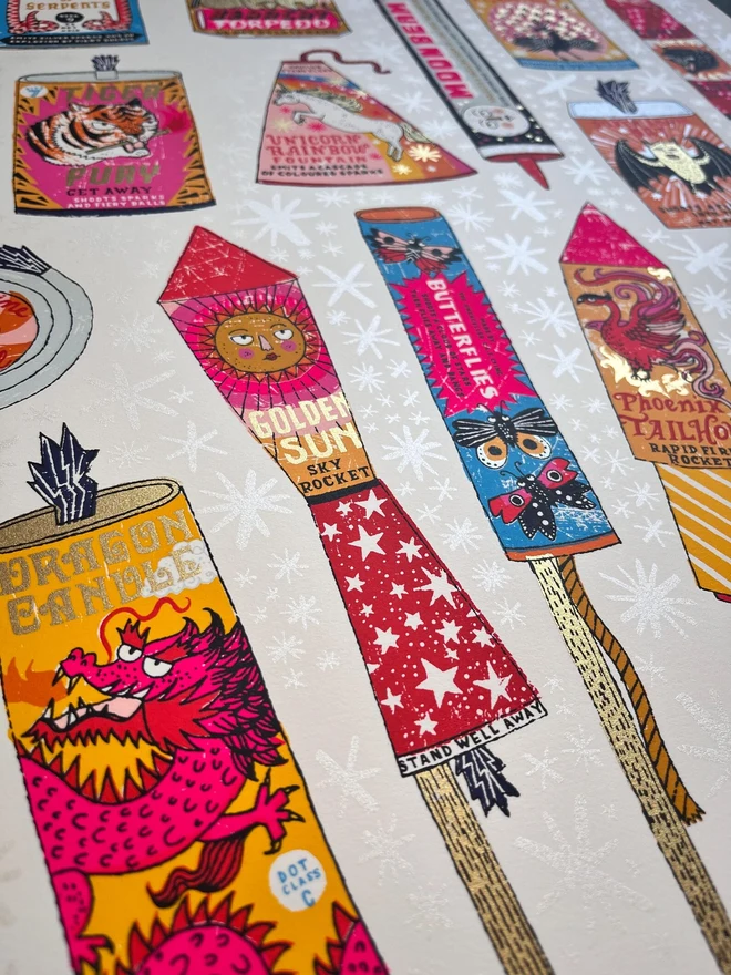 Fireworks Screenprint Snap, Crackle, Pop, a collection of colourful fireworks on a white screenprint. 