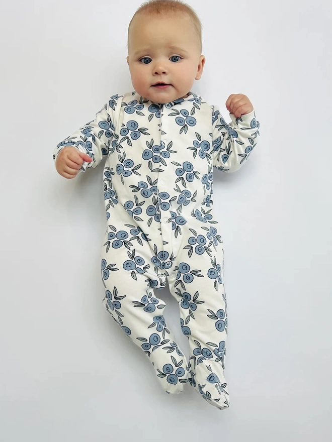 Organic Cotton Baby Sleepsuit in Cream "Blueberry" Print.