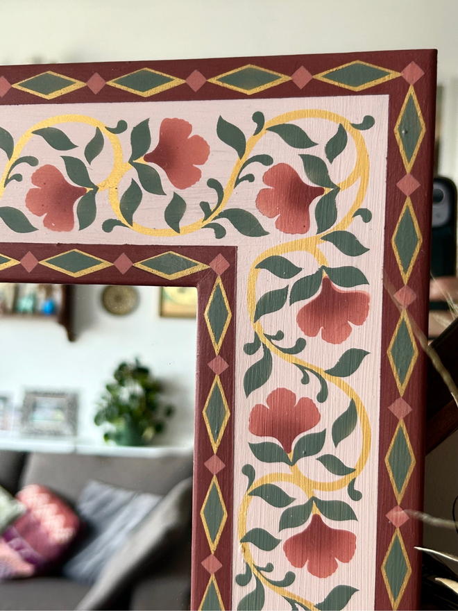 Hand Painted Wooden Mirror With Pink Flowers 