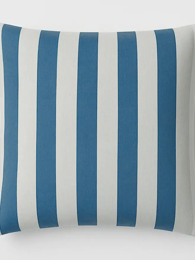 Hand Painted Sustainable Linen Cushion In Stripe Print, an ink striped cushion against a white background. 