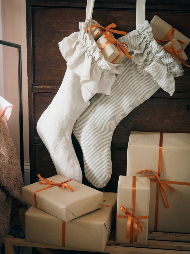 Linen ruffle christmas stockings