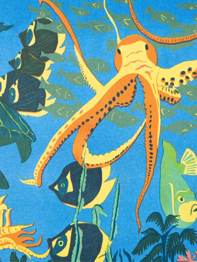 Close-up, detailed shot: yellow and orange octopus with blue and yellow fish surrounding 
