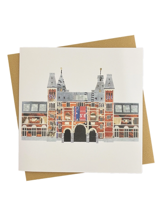 A greetings card showing a paper collage of the Rijksmuseum with a brown envelope on a white background