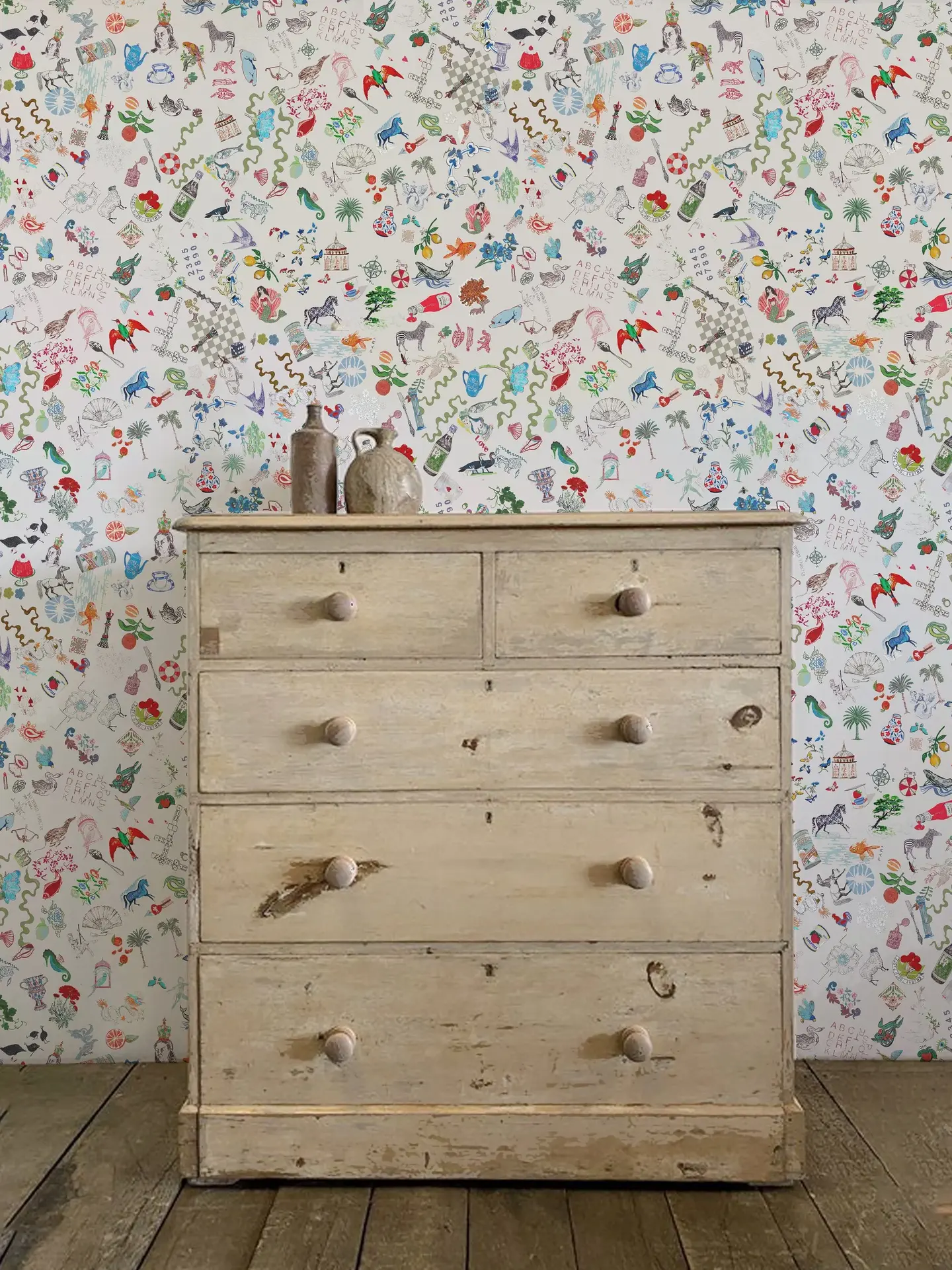 bits and bobs illustrated wallpaper. a white background wallpaper with assorted illustrations of household items.