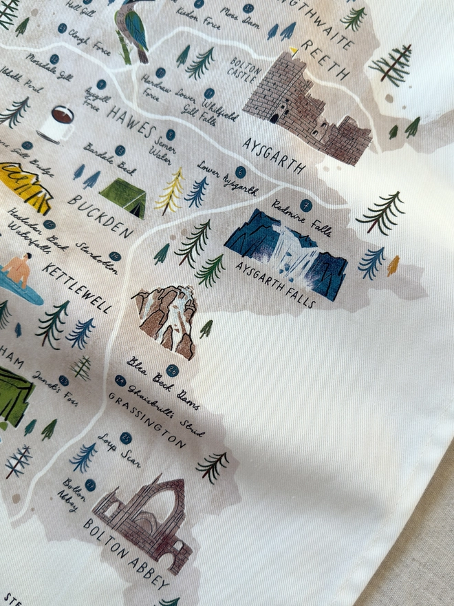 Swim the Dales Map Tea Towel Close Up