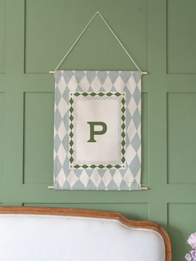 Harlequin Initial Fabric Banner, blue & green