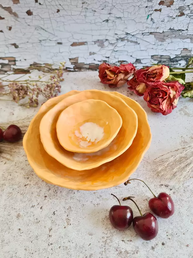 Set of 3 ceramic nesting bowls, pottery bowls, homeware,  tableware, gifts Jenny Hopps Pottery, Citrus