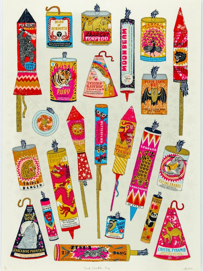 Fireworks Screenprint Snap, Crackle, Pop, a collection of colourful fireworks on a white screenprint. 