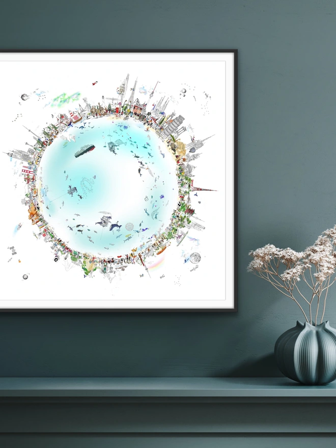 Around The World In 80 Days Print hanging up on a blue wall in a black slim frame 