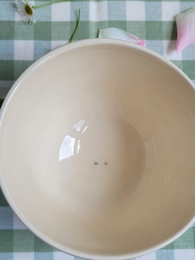 the inside of a white earthenware pottery cup with tiny bird prints painted insidewith