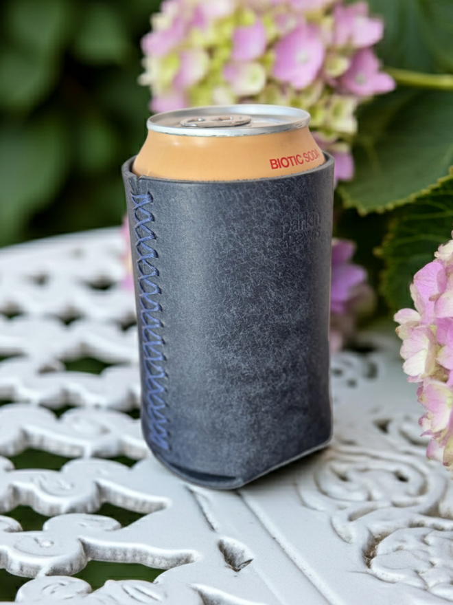 navy blue leather drink can holder