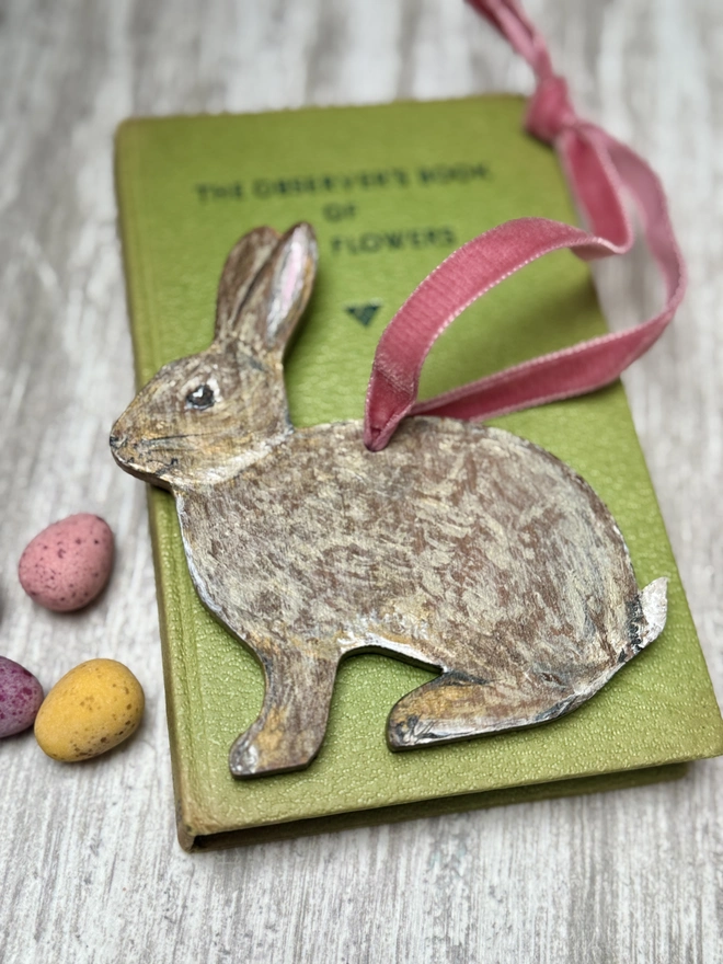 Easter Bunny wooden hand - painted decoration with pink velvet ribbon to hang 