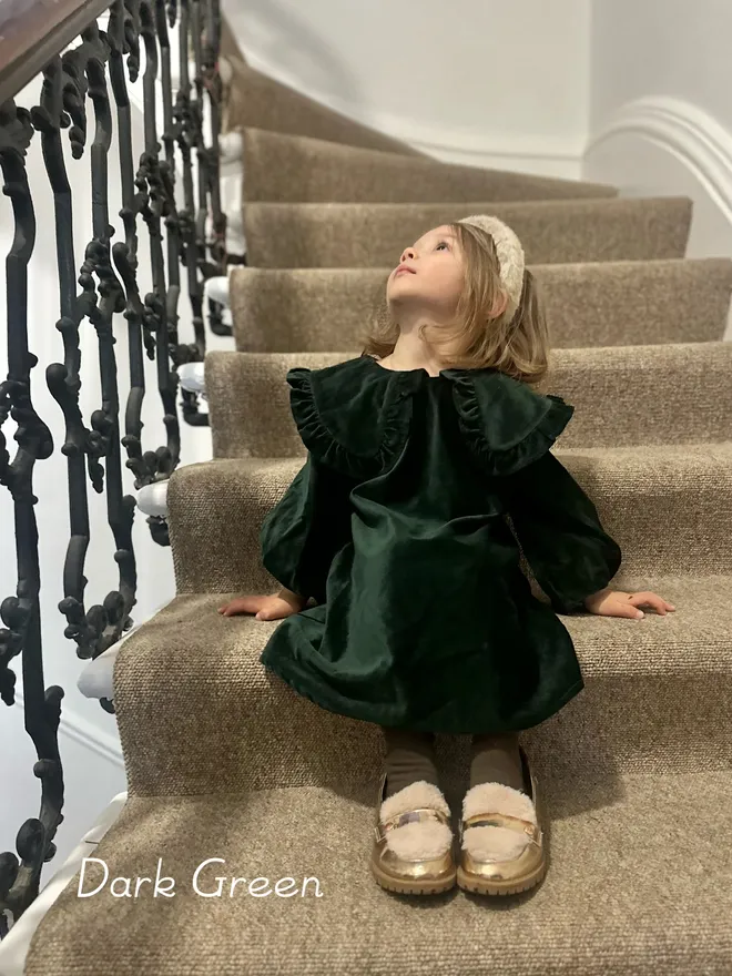kids velvet dress with big frill collar dark green