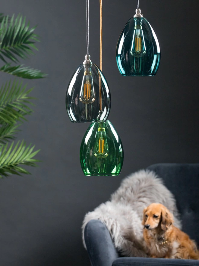 Bertie Medium Coloured Glass Cluster Lifestyle Showing Teal, Smoke and Green Shades
