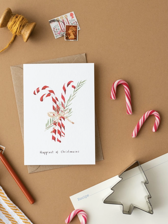 Beautiful hand illustrated Candy Cane Christmas Card