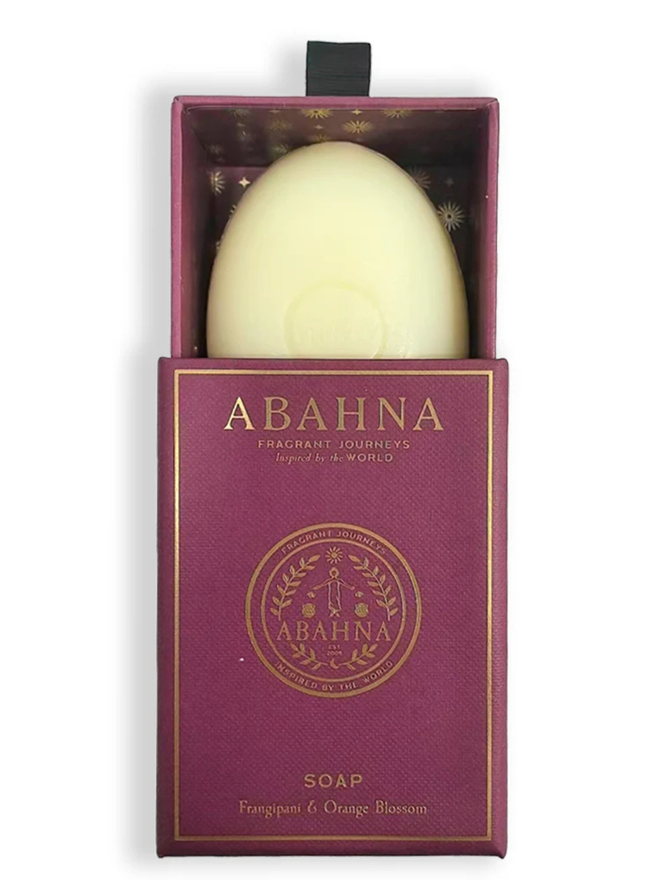 frangipani and orang blossom soap bar. a bar of natural soap in a pink lined gift box.