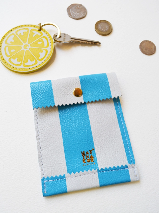 leather blue and white striped paperbag coin purse